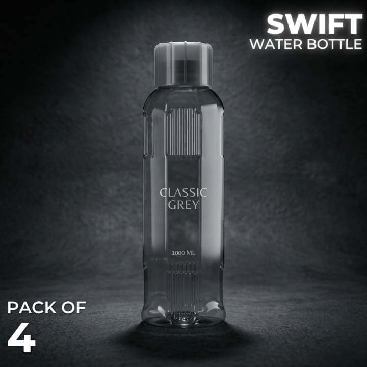 Clear water bottle labeled 'Swift' with 'Classic Grey' on a dark background