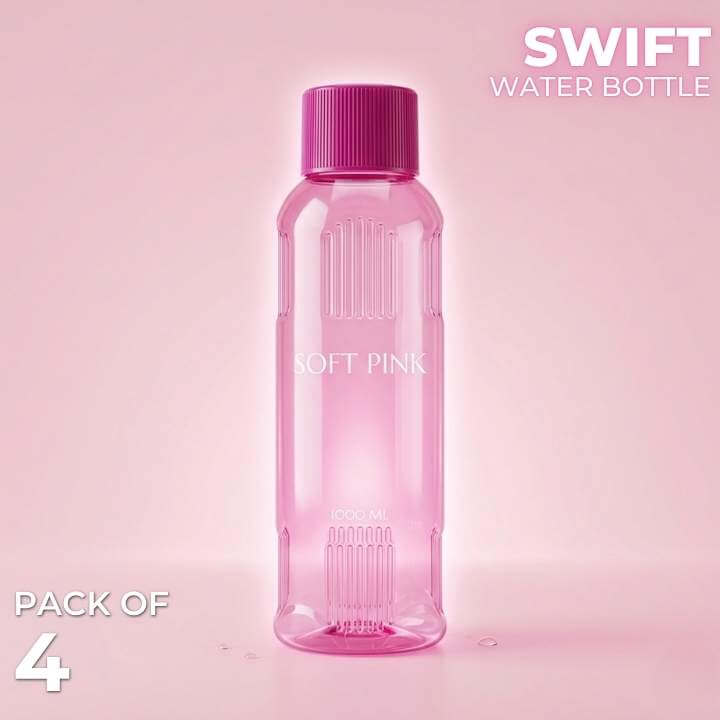 Pink water bottle with purple cap on a pink background, labeled 'Swift Water Bottle'.