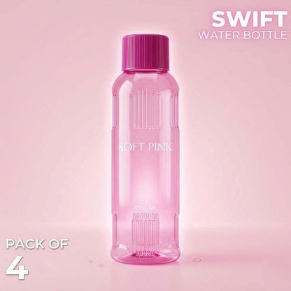 Pink water bottle with purple cap on a pink background, labeled 'Swift Water Bottle'.