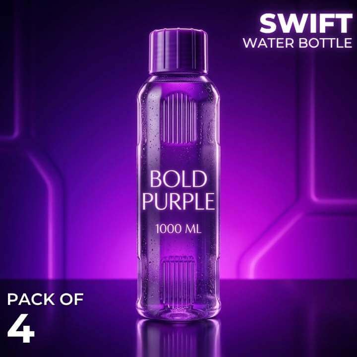 Purple water bottle labeled 'Bold Purple' with 'Swift' branding on a purple background.