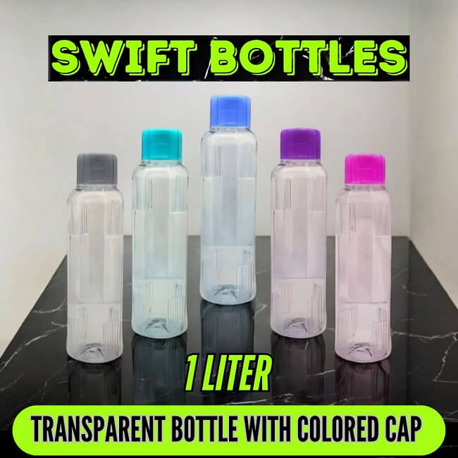 Set of transparent bottles with colored caps on a black surface, labeled 'Swift Bottles'.