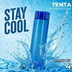 Blue water bottle with water splashes on a blue background, featuring the brand 'Tenta'.