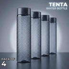 Pack of four Tenta water bottles with textured design on a gray background