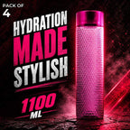 Pink water bottle with textured design on a dark background, featuring text about hydration and style.