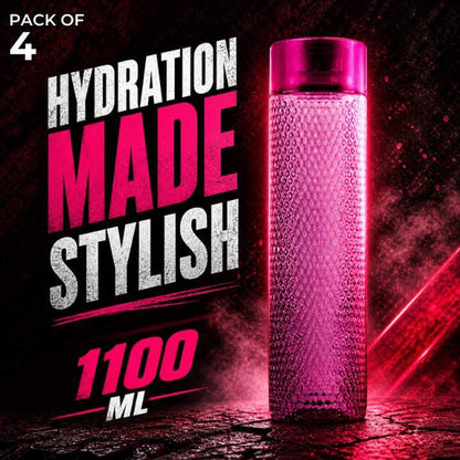 Pink water bottle with textured design on a dark background, featuring text about hydration and style.