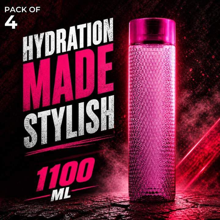 Pink water bottle with textured design on a dark background, featuring text about hydration and style.