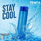 Blue water bottle with water splashes on a blue background, featuring the brand 'Tenta'.
