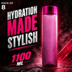 Pink water bottle with text 'Hydration Made Stylish' and '1100 ML' on a dark background