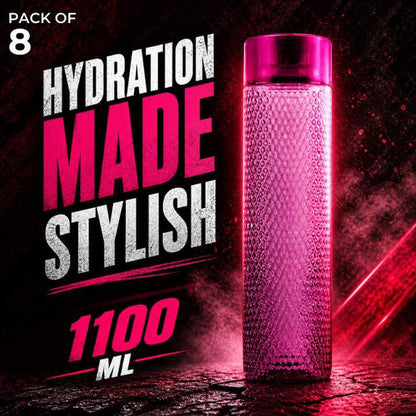 Pink water bottle with text 'Hydration Made Stylish' and '1100 ML' on a dark background