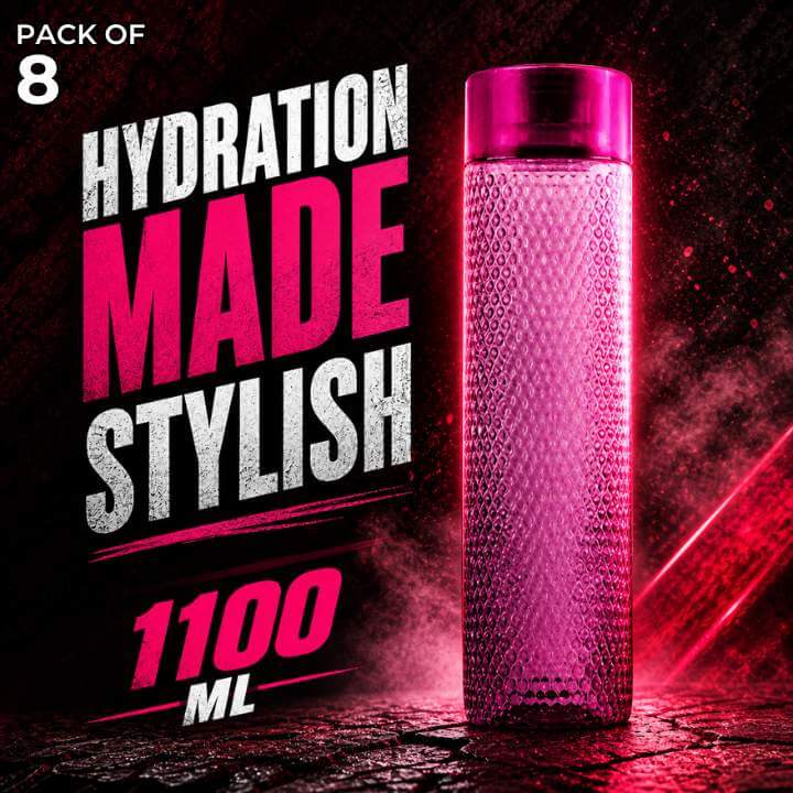 Pink water bottle with text 'Hydration Made Stylish' and '1100 ML' on a dark background
