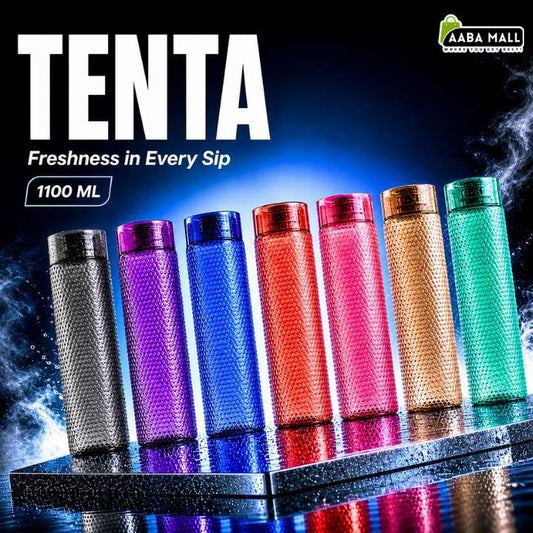 Six Tenta 1100 ml textured stainless steel water bottles in various colors (silver, purple, blue, red, pink, gold, green) lined up on a reflective dark surface with a dark blue background and water droplets.