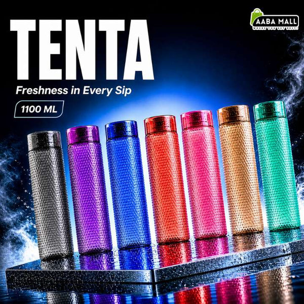Six Tenta 1100 ml textured stainless steel water bottles in various colors (silver, purple, blue, red, pink, gold, green) lined up on a reflective dark surface with a dark blue background and water droplets.