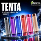 Colorful water bottles with 'Tenta' branding on a dark background