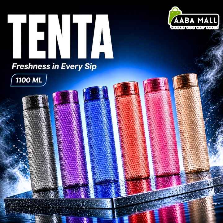 Colorful water bottles with 'Tenta' branding on a dark background