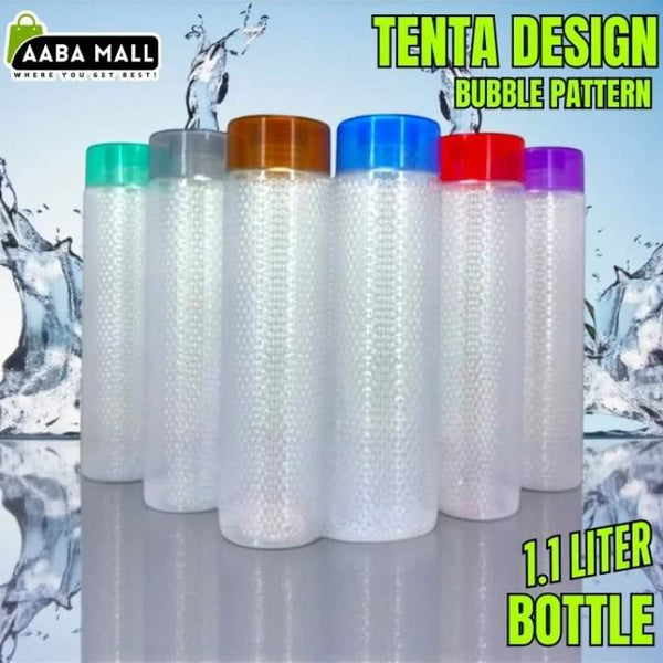 Set of bubble bottles with colorful lids on a water-themed background, featuring Aaba Mall branding.