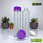 Two clear bottles with purple lids on a white surface with plants in the background, branded 'Aaba Mall'.