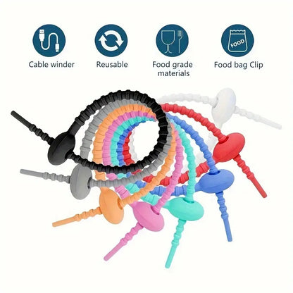 10pcs Tie Clip Reusable Silicone Cable Organizers - Twist Ties for Cord Management, Food Freshness & Earphone Organization