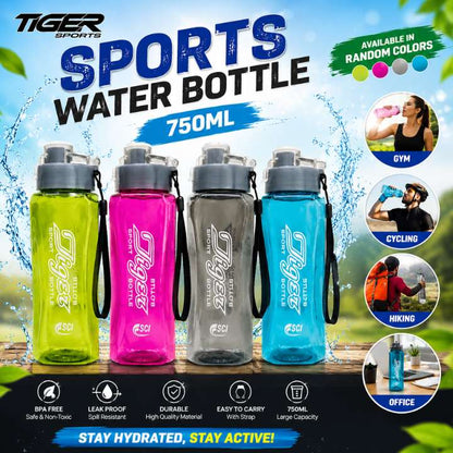TIGER Sports Water Bottle 750ml – Gym, Travel, Outdoor, Leak-Proof Flip Cap, BPA-Free, Durable & Lightweight Hydration Companion