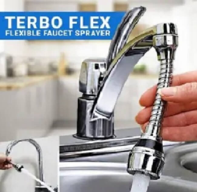 Terbo Flex flexible faucet sprayer held above a sink with kitchen background
