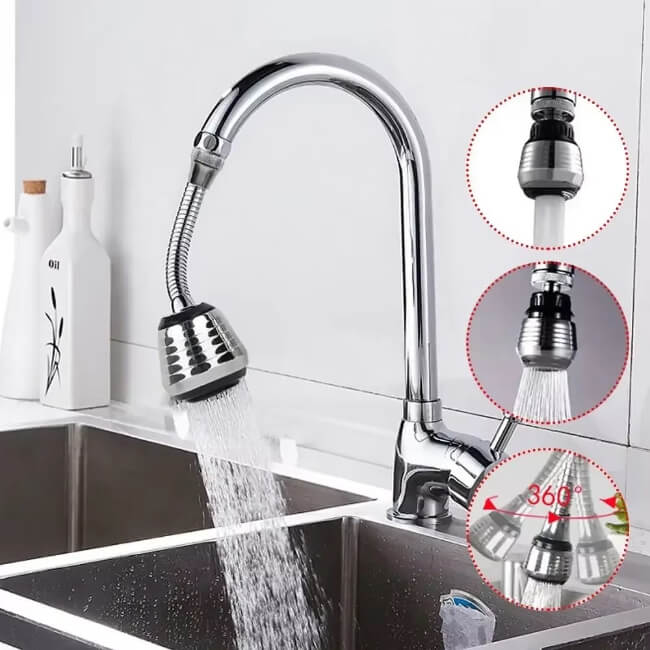 Kitchen faucet with a flexible spray head and three different water flow settings shown.