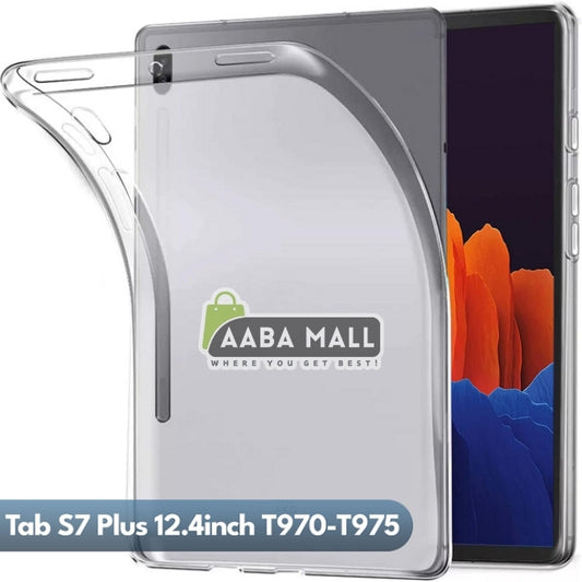Clear protective case for a 12.4-inch Samsung Galaxy Tab S7 Plus, shown on the back of a tablet with a phone mockup beside it.