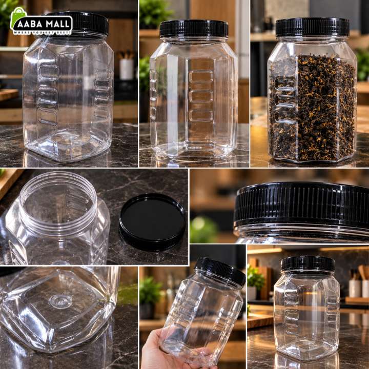 A collage showing a clear plastic hexagonal storage jar with a black screw lid from multiple angles, including empty views, a filled view with dried herbs, an open jar with lid removed, a close-up of the lid, and one jar being held by a hand.