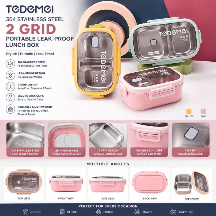 A promotional infographic for the Tedomei 304 Stainless Steel 2-Grid Portable Leak-Proof Lunch Box. The top section shows three color variations of the lunch box (yellow, mint green, and pink) with detailed feature callouts on the left.