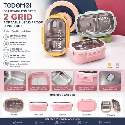 A promotional infographic for the Tedomei 304 Stainless Steel 2-Grid Portable Leak-Proof Lunch Box. The top section shows three color variations of the lunch box (yellow, mint green, and pink) with detailed feature callouts on the left.