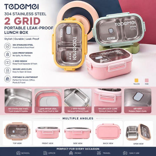 A promotional infographic for the Tedomei 304 Stainless Steel 2-Grid Portable Leak-Proof Lunch Box. The top section shows three color variations of the lunch box (yellow, mint green, and pink) with detailed feature callouts on the left.