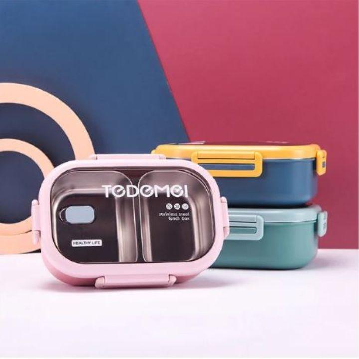Pink bento box with 'Tedomei' branding on a colorful background