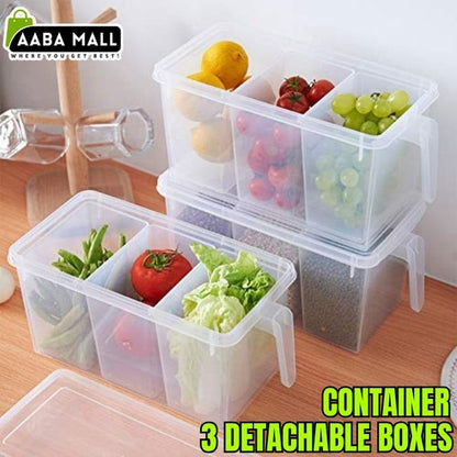 Three detachable food storage containers with fruits and vegetables on a wooden surface, branded as AABA MALL.