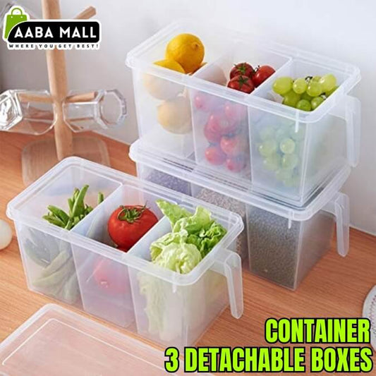 Three detachable food storage containers with fruits and vegetables on a wooden surface, branded as AABA MALL.