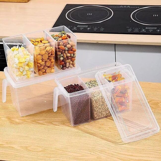 Collage of various plastic containers with different colored lids on a white background.