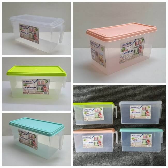 Collage of various plastic containers with different colored lids on a white background.