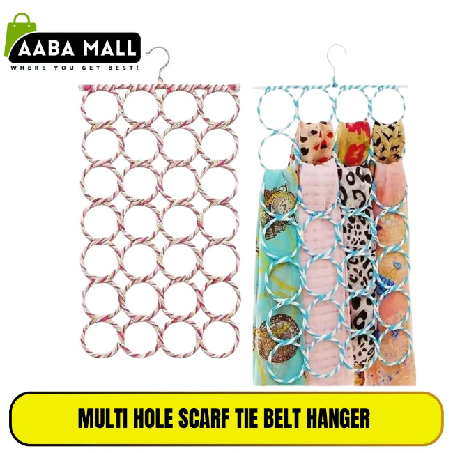 Multicolor 28-hole ring scarf and tie organizer hanging in a closet, fully loaded with various colored scarves, belts, and neckties.