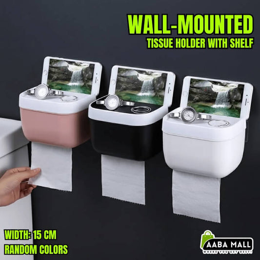 Wall-mounted tissue holder with shelf displaying a waterfall scene on a dark background.