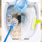 Before and after comparison of a toilet bowl with cleaning products and tools.