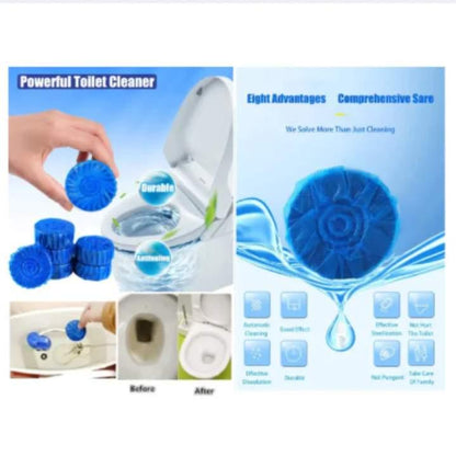 Toilet cleaner with packaging and features on a blue background