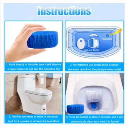 Instructions for using a blue toilet cleaning device with images and text.