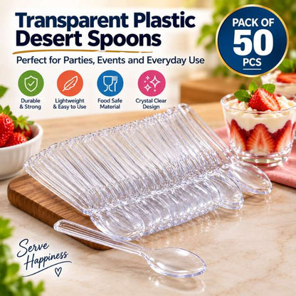 Transparent Plastic Desert Spoons – Pack of 25 & 50 | Durable & Lightweight Cutlery for Parties, Events, and Daily Use