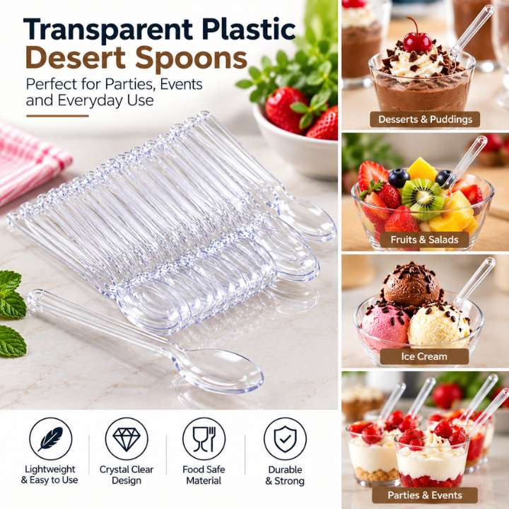 Transparent Plastic Desert Spoons – Pack of 25 & 50 | Durable & Lightweight Cutlery for Parties, Events, and Daily Use