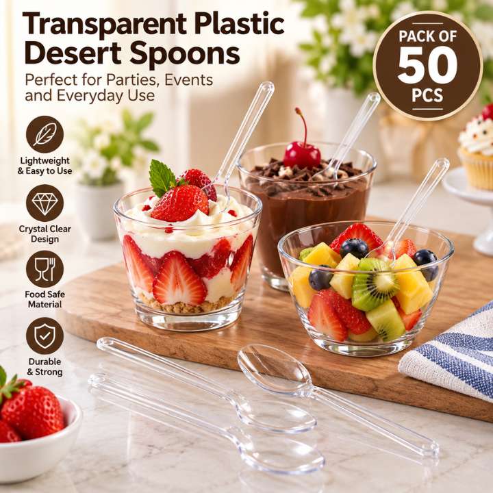 Transparent Plastic Desert Spoons – Pack of 25 & 50 | Durable & Lightweight Cutlery for Parties, Events, and Daily Use