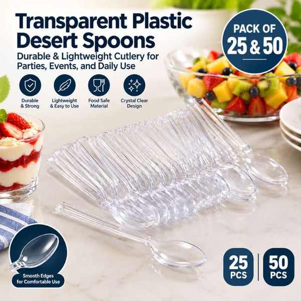 Transparent Plastic Desert Spoons – Pack of 25 & 50 | Durable & Lightweight Cutlery for Parties, Events, and Daily Use