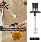 Honey drizzler being used to pour honey into a glass, with a close-up of the drizzler on a white background.