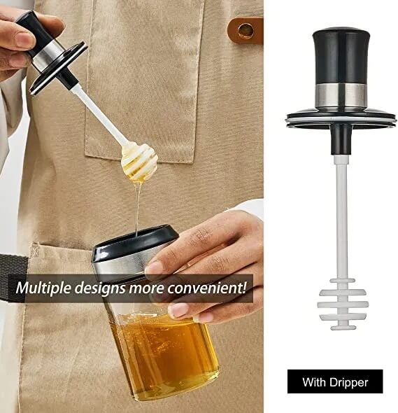 Honey drizzler being used to pour honey into a glass, with a close-up of the drizzler on a white background.