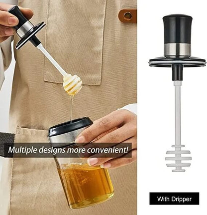 Honey drizzler being used to pour honey into a glass, with a close-up of the drizzler on a white background.