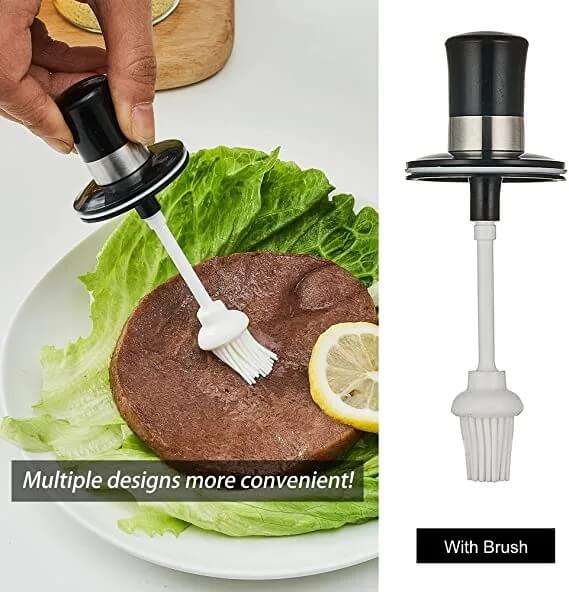 Hamburger press with brush on a plate with lettuce and lemon, showing multiple design options.