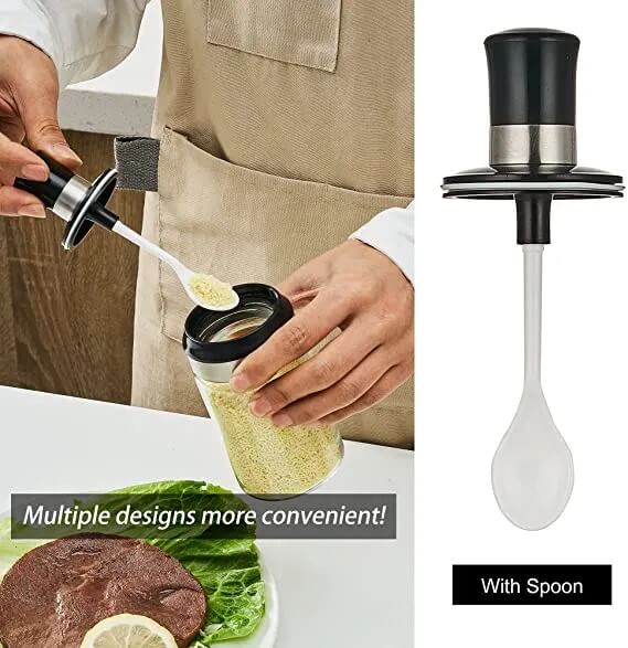 Spice shaker with spoon attachment being used and shown separately on a white background.