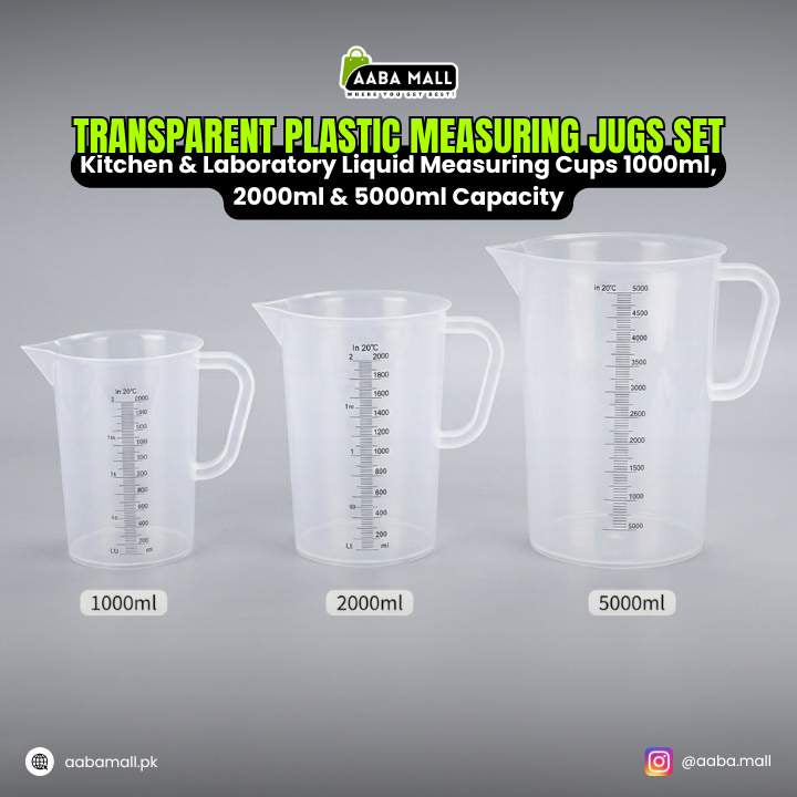 Transparent plastic measuring jugs set with capacities 1000ml, 2000ml, and 5000ml on a gray background. Brand 'Aaba Mall' is visible.