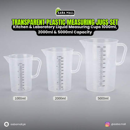 Transparent plastic measuring jugs set with capacities 1000ml, 2000ml, and 5000ml on a gray background. Brand 'Aaba Mall' is visible.